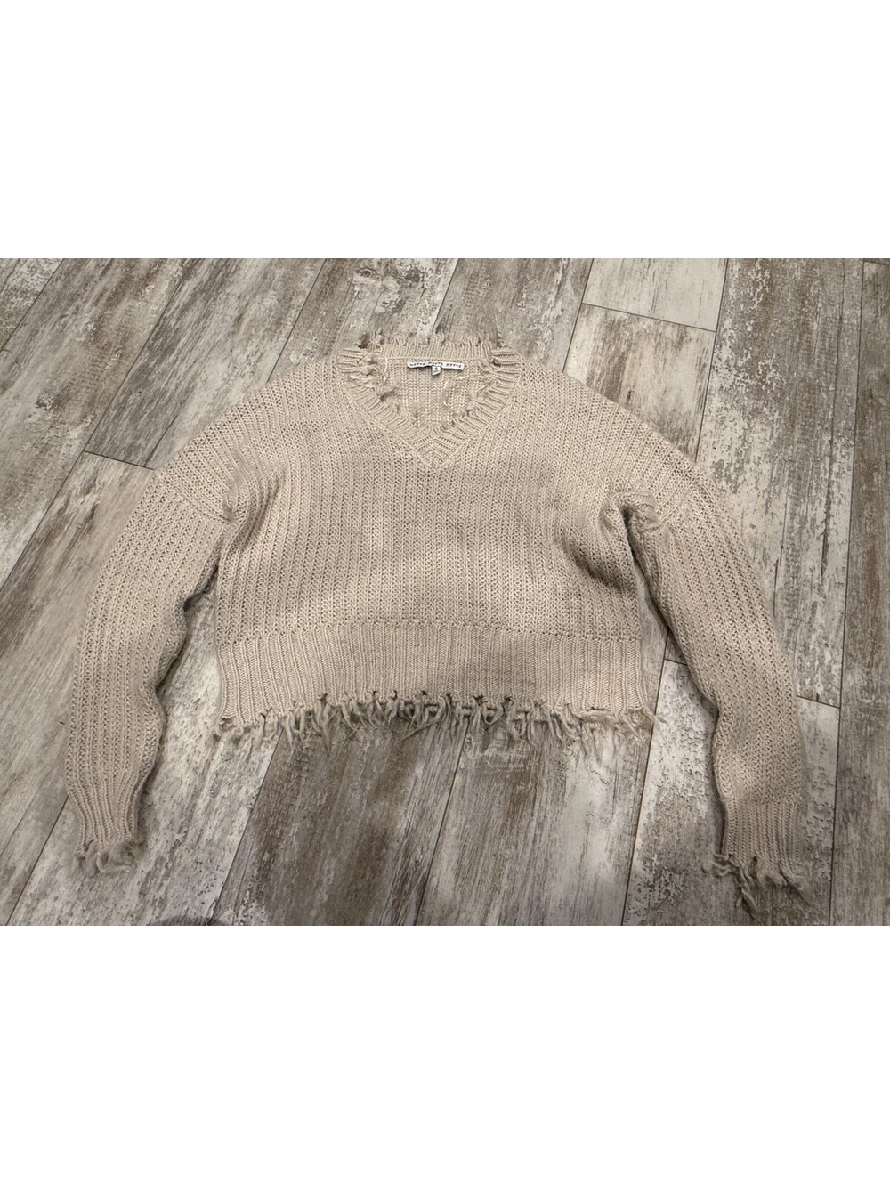 HYFVE Distressed Cropped Knit Sweater Beige S Boho